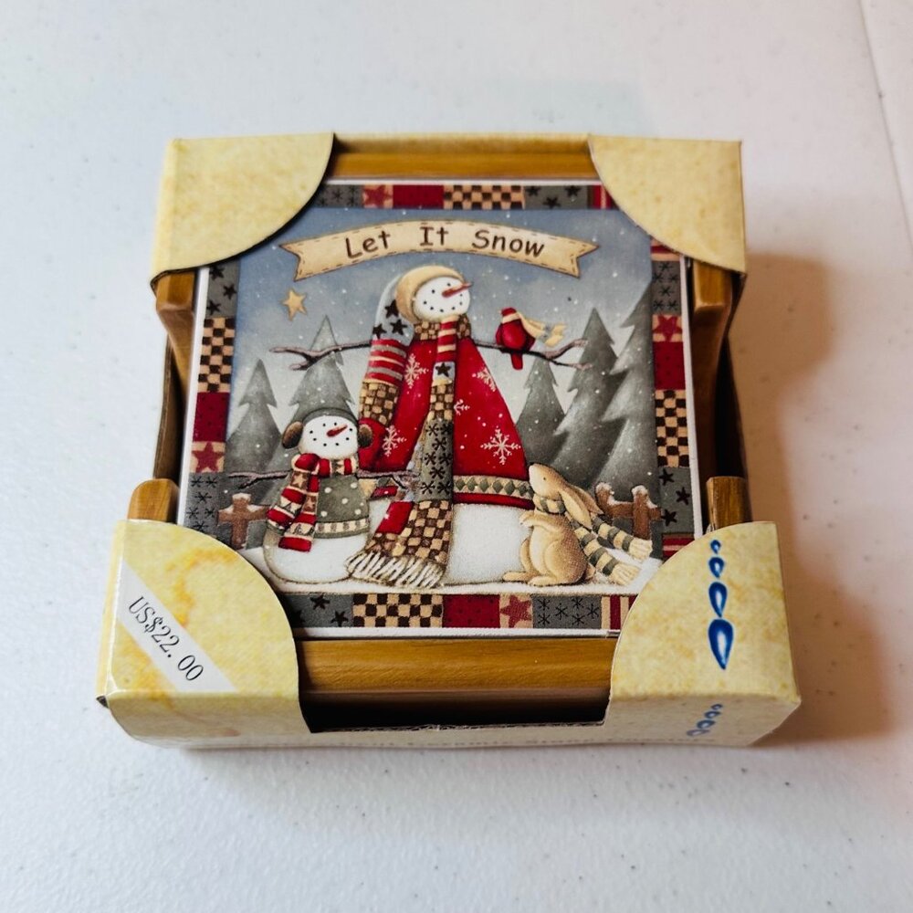 Christmas Ceramic Stone Coasters Set Of 4 Snowman Winter Coasters with holder